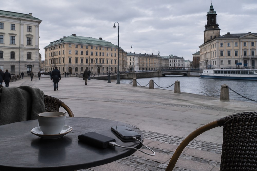 A power bank and phone charging on a cafe table beside a coffee cup