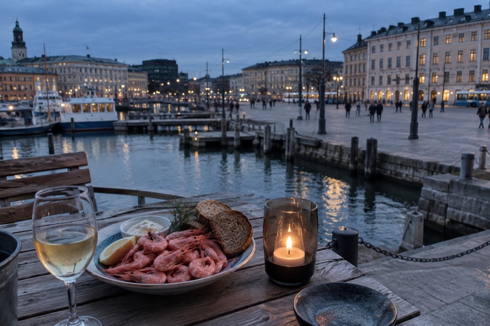 A plate of cold-water shrimp and bread on a wooden table beside a harbour in Gothenburg