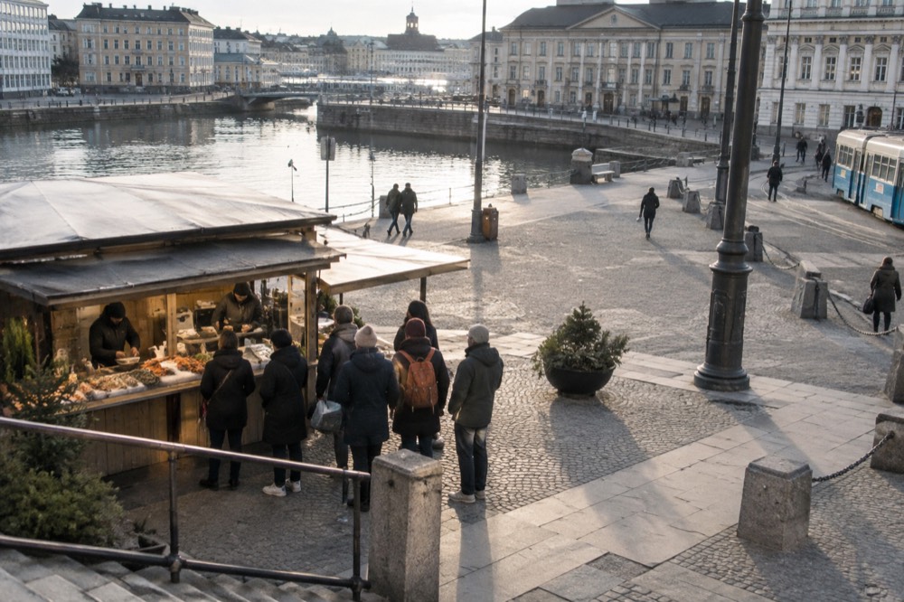 People queuing at a food stall serving seafood from a wooden counter in a park