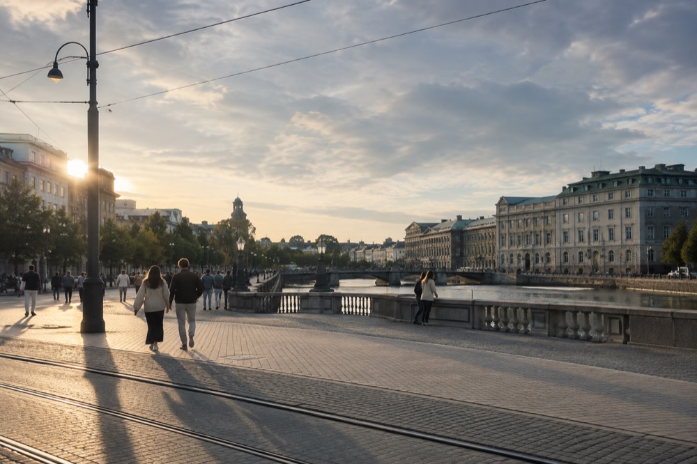People in light summer jackets walking along a sunny Gothenburg canal