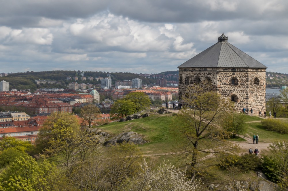 Hilltop fort Skansen Kronan above red rooftops of Gothenburg